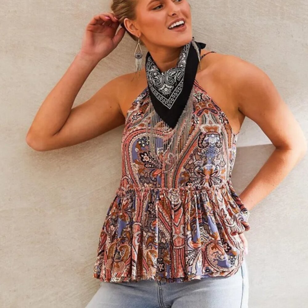 Buckle Paisley Print Peplum Tank Top
